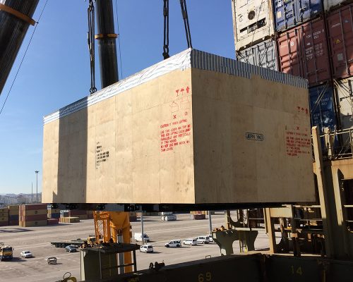 Maersk piece unloading 110 tons for transshipment to another vessel using mobile support cranes